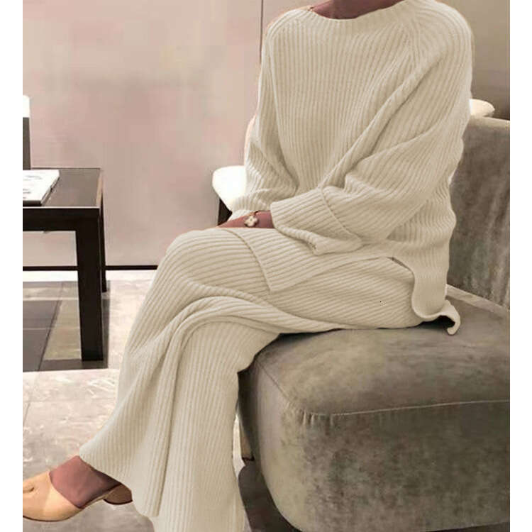 European And American Women's Long Sleeved Solid Color Casual Two-Piece Set Knitted Sweater Fashionable Quality Classic