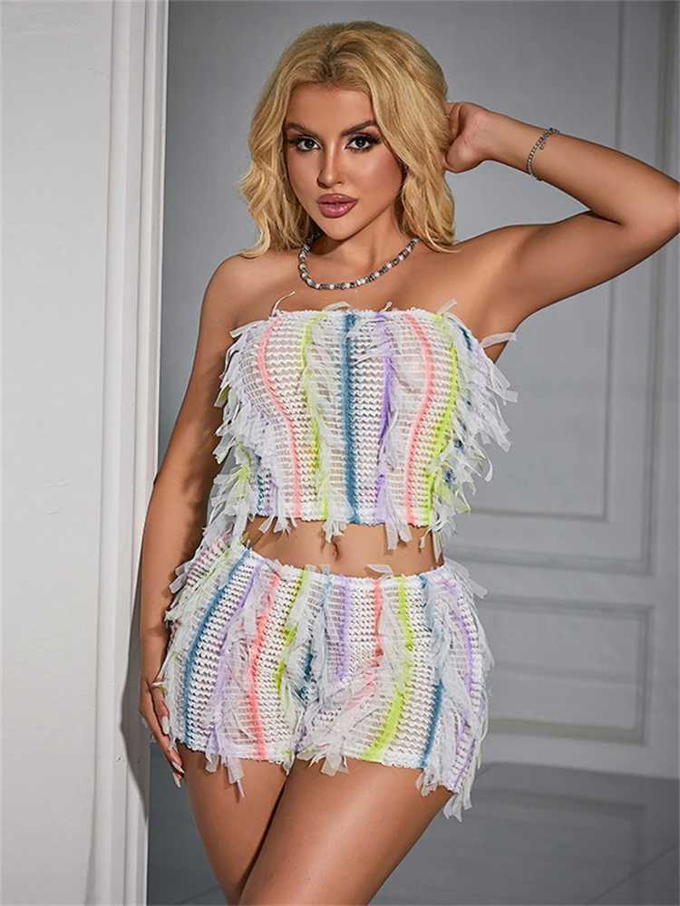 Women's Two Piece Pants WLWXR Summer Colorful Stripe Tassel 2 Piece Set Party Club Outfits Women 2024 Sexy Strapless Crop Tops And Shorts Matchin