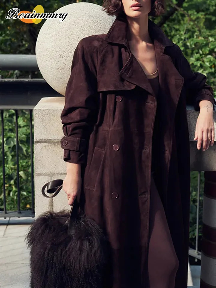 Winter Brown Suede Leather Overcoats Oversized Lapel Buttons Womens Long Coats Autumn Female Chic High Street Outwear 241213