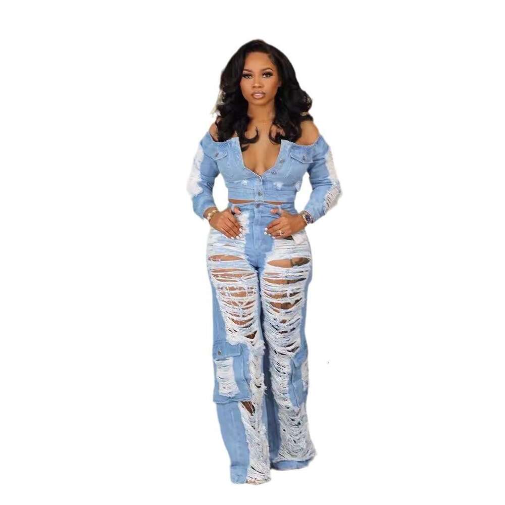 Summer European And American Women's Clothing New Fashion Casual Pocket Hole Straight Leg Pants Jeans