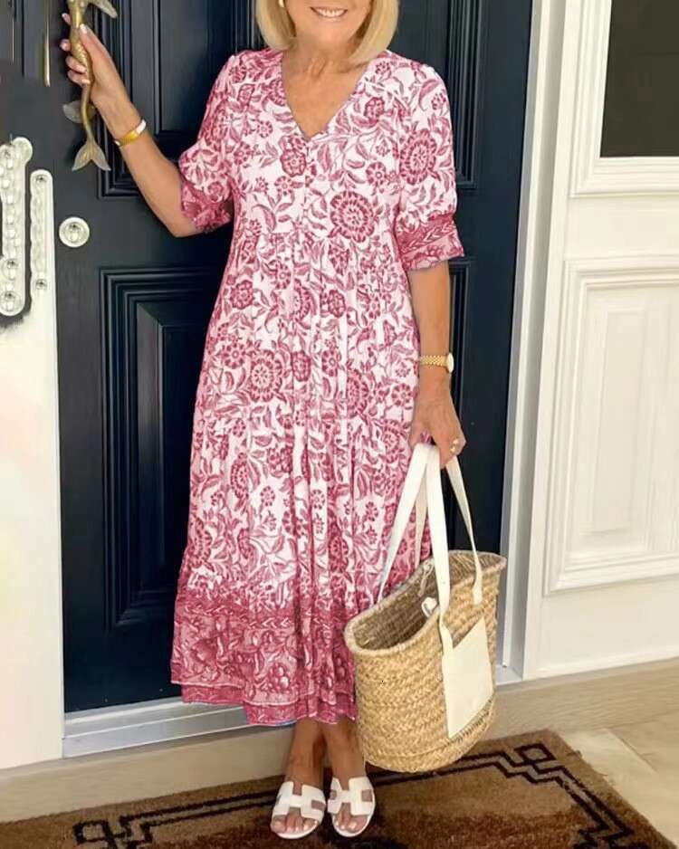 Temperament Commuting V-Neck Short Sleeved Ral Tie Printed Loose Long Dress