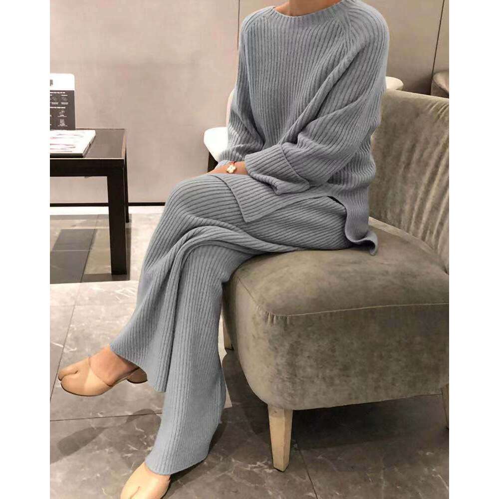 European And American Women's Long Sleeved Solid Color Casual Two-Piece Set Knitted Sweater Fashionable Quality Classic