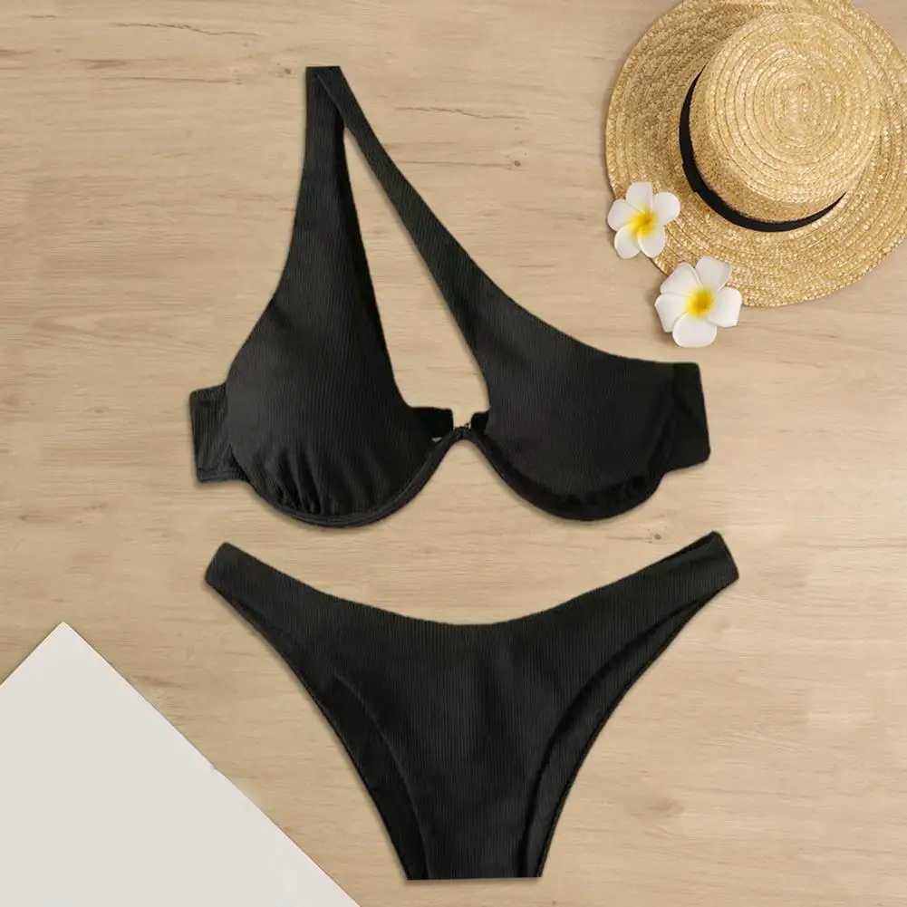 Two-piece Swimsuit Set Stylish One-shoulder Bikini Set with High Waist for Women Solid Color Beachwear Swimwear with UnderwireXJ241212