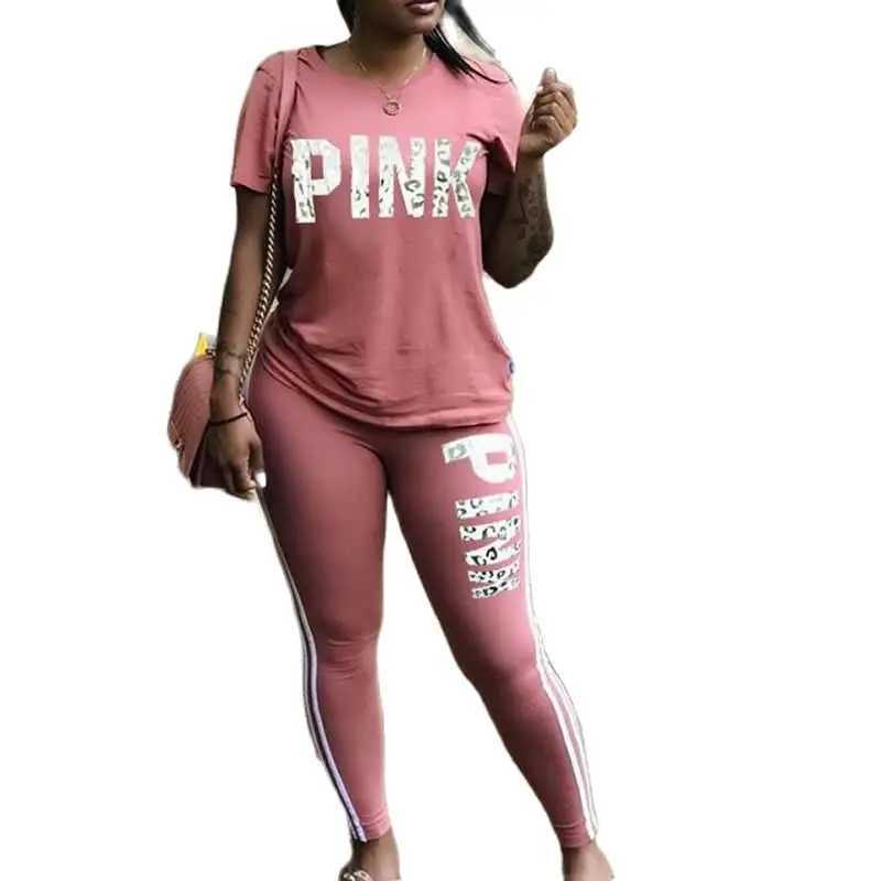 Women's Two Piece Pants 2022 New Letter Print Sweatsuit Women Suit Short Slve Tops Skinny Pant Two Piece Tracksuit Summer Casual 2 PCS Set Y24121
