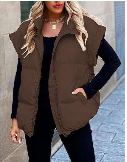 European And American Women's New Solid Color Zipper Pocket Stand Up Collar Cotton Coat Vest Commuting Jacket Fashionable Quality Classic