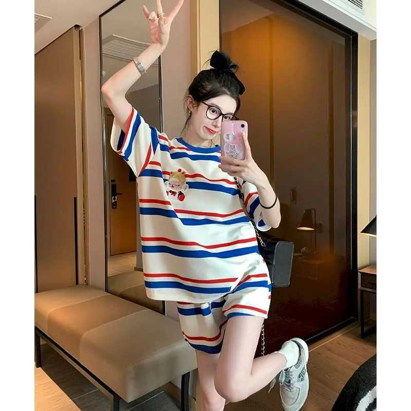 Women's Two Piece Pants Striped Sports Casual Sets for Women Strt Fashion Design Short Slve T Shirt and Shorts Two Piece Set 2024 Summer Y2k Suit