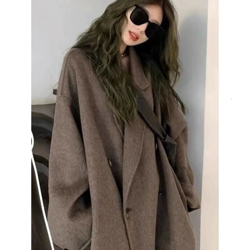 100% Wool Doublesided Woolen Coat for Women Pure Handmade Cashmere Loose Medium Long Plus Size Wom en 241213
