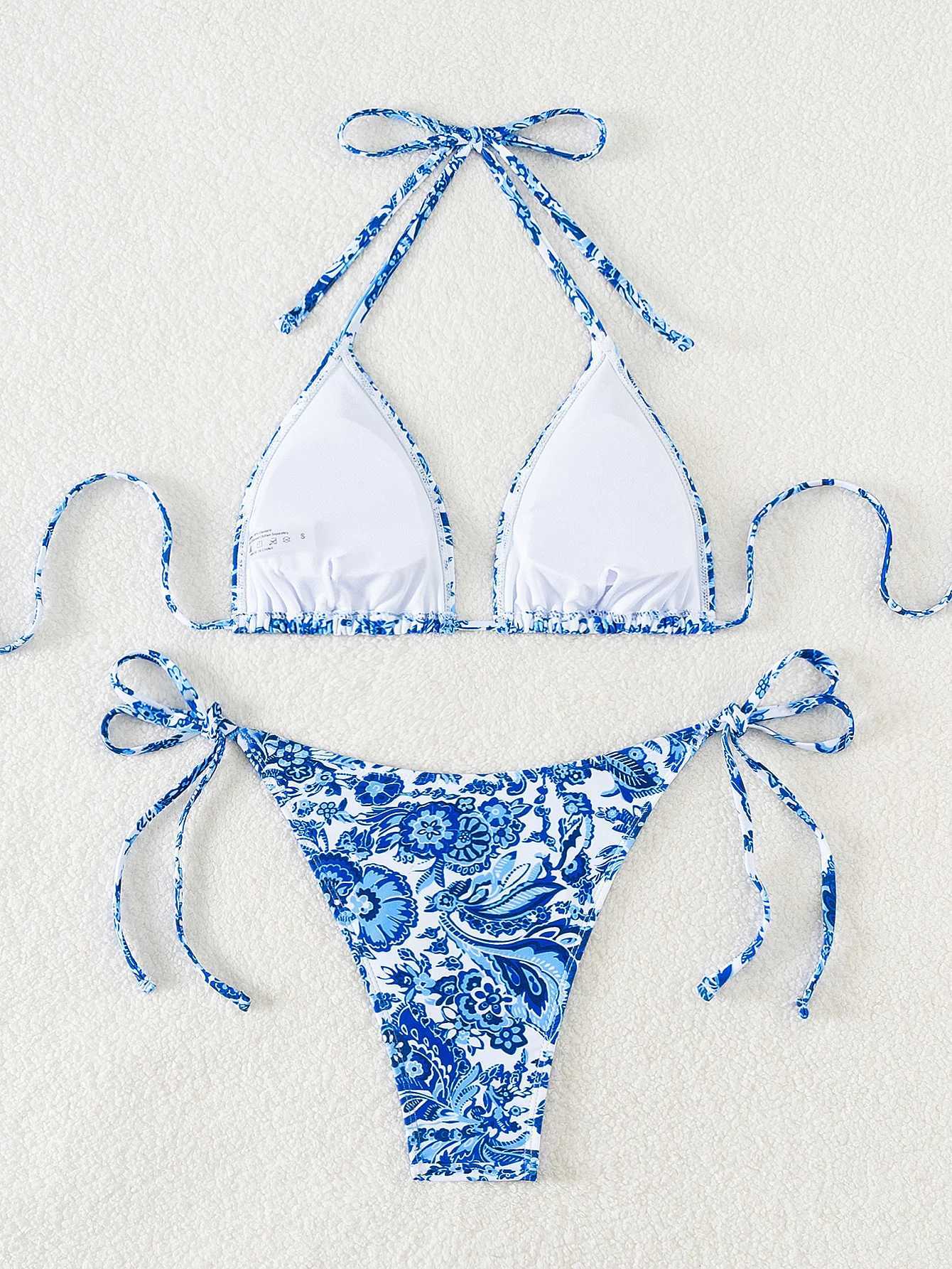 sexy swimwear women printed triang cup bra neck strap side Fa beach set strap bikini suitXJ241212