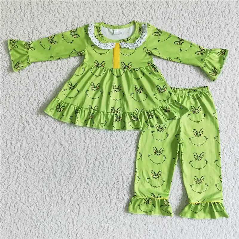 Fashionable Christmas boy and girl matching green character long sleeved pajamas set wholesale boutique childrens clothing W241213