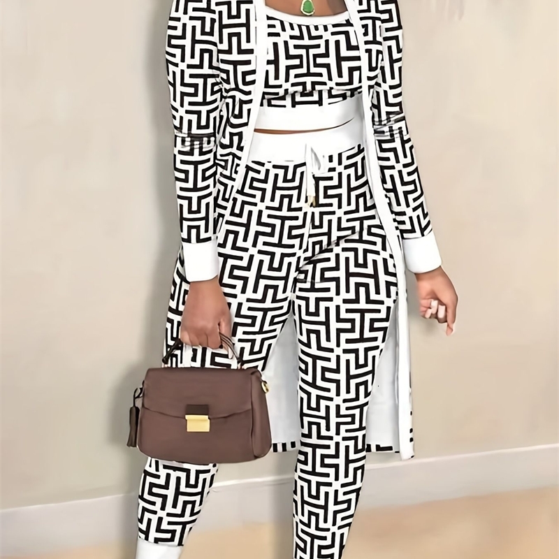 Plus Size 3XL Designer Womens Printed Three Piece Set Sports Tracksuits Vest Long Sleeve Jacket Coat And Sweatpants Jogging Suit 3Pcs Sets For Women O