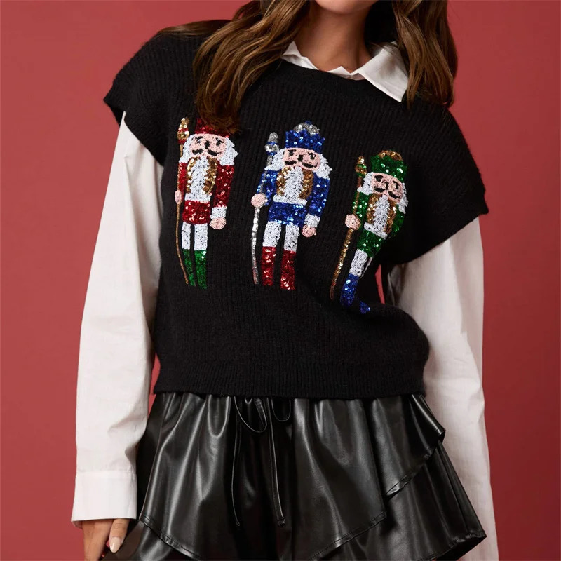 Ugly Christmas Vests for Women Sequin Nutcracker Santa Sweaters Shirt Holiday Sparkly Graphic Crewneck Pullover Top Black 241212