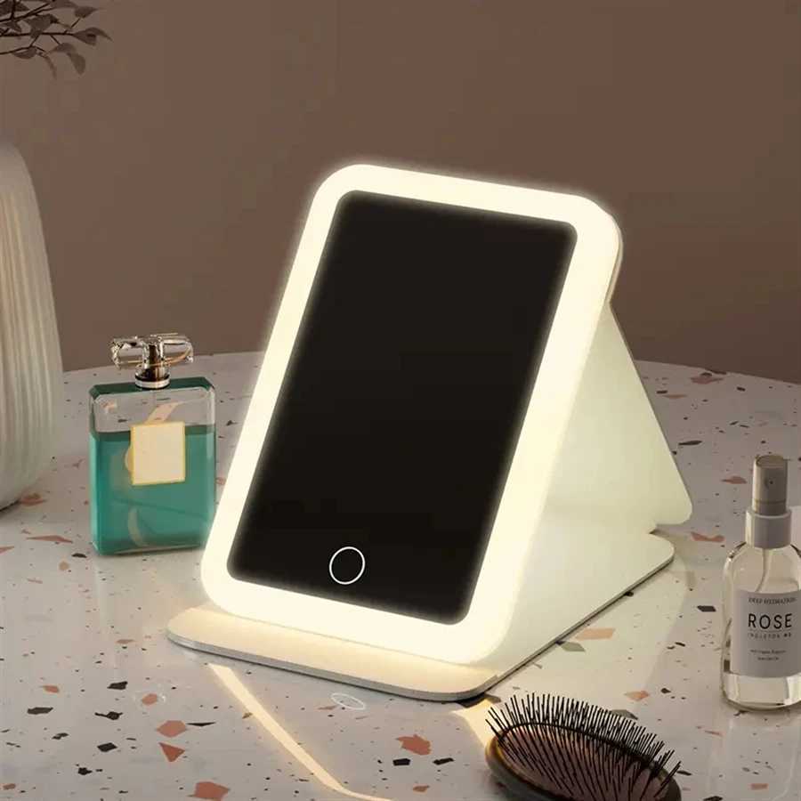 Makeup mirror Folding makeup mirror 1 piece portable LED mirror with ring light three-color light self-standing makeup mirrorXJ241213