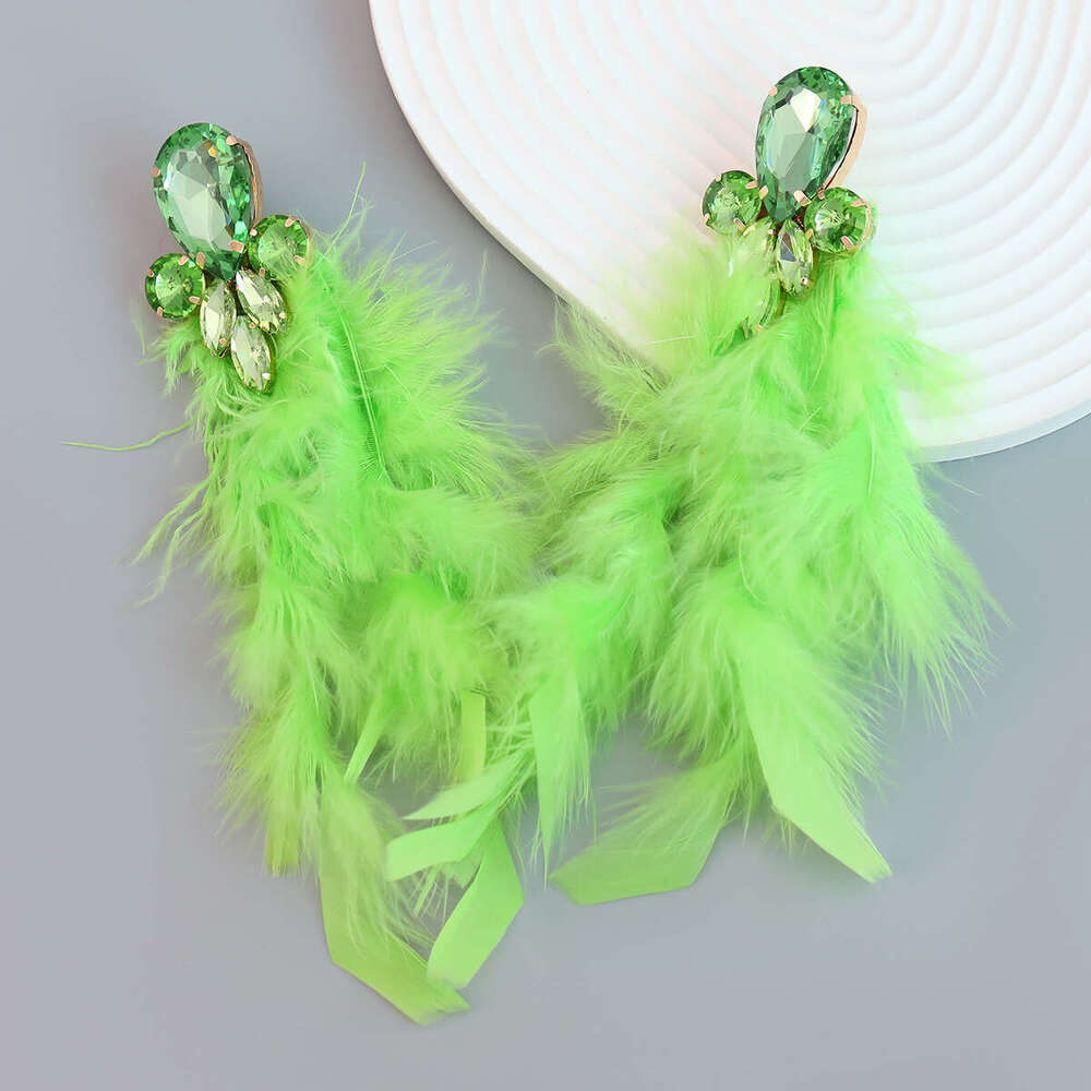 Long feather earrings, women's alloy dia inlaid ral tassels, artistic Bohemian jewelry