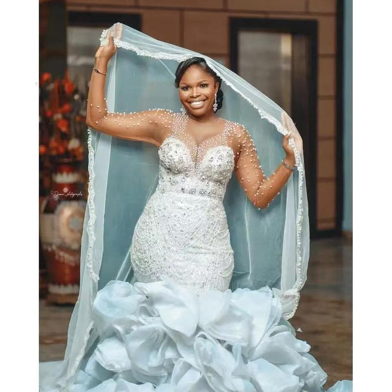 Shinny Full Beads Crystals Mermaid Arabic Aso Ebi Wedding Dress Long Sleeves Tiered Ruffles Bridal Gowns bc19872