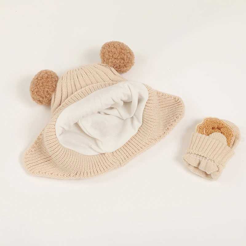 Cute Bear Pompom Baby Hats Gloves Set Winter Knit Beanie and Mittens for Girls Boy Crochet Weather Caps Baby AccessoriesXJ241213