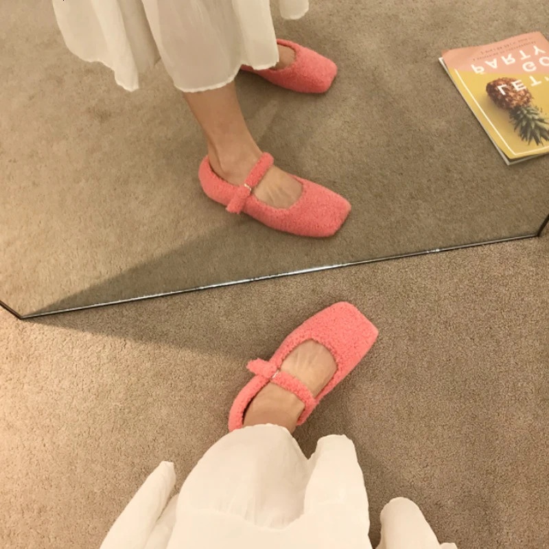 Fashion Square Toe Lambswool Ballet Apartment Womens Winter Warm Plush Coat Womens Teddy Fur Mary Jane Pink Shoes 241213