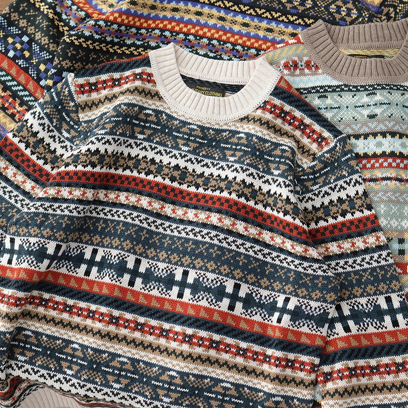 Autumn And Winter British Vintage Jacquard Fair Isle Mens Pullover Oneck Long Sleeve Sweater Loose Fashion Casual Knitwear 241213