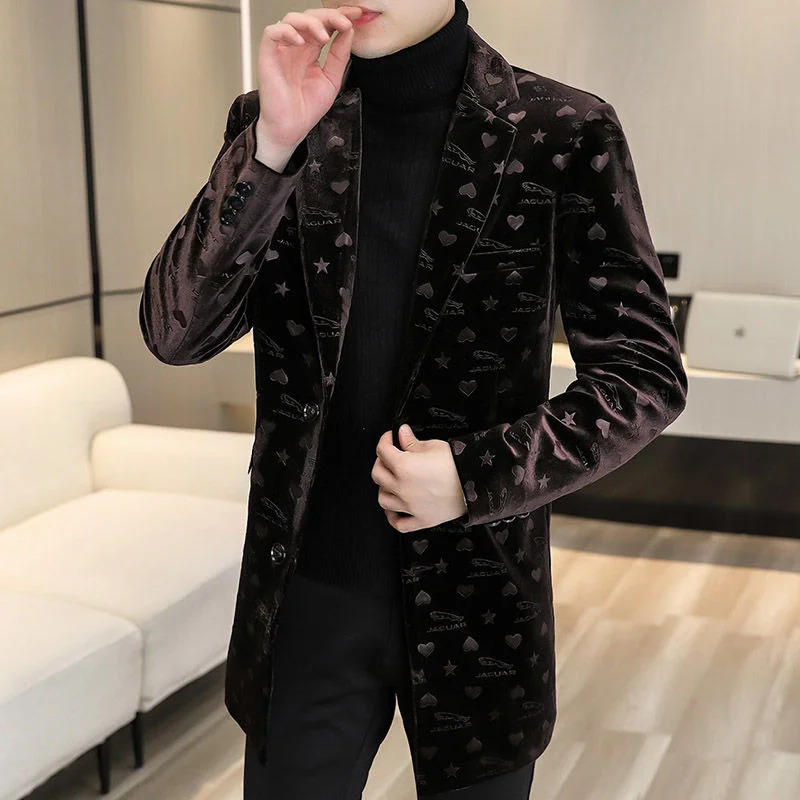 Blue Print Velvet Warm Coat ner Men Winter Wool Blends Jacket Trendy Slim Fit Long And For 241213