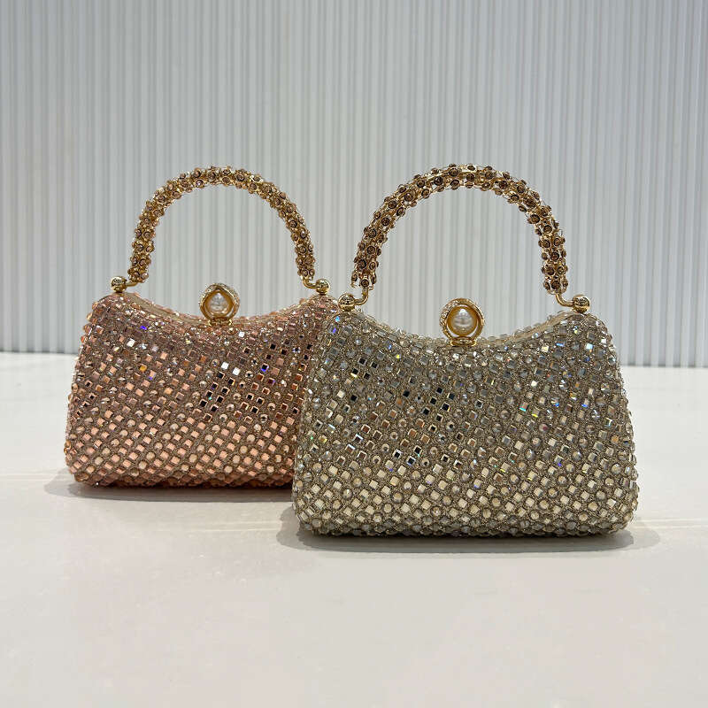 Hot pressed evening bag, luxurious diamond chain handbag, sparkling pearl crossbody small square bag