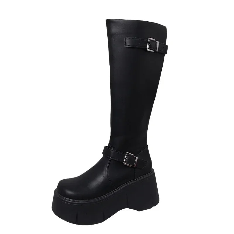 Platform Wedges Heel Women Knee High Boots Fashion Belt Buckle Slip On Long Booties Autumn Winter Female Shoes 241213