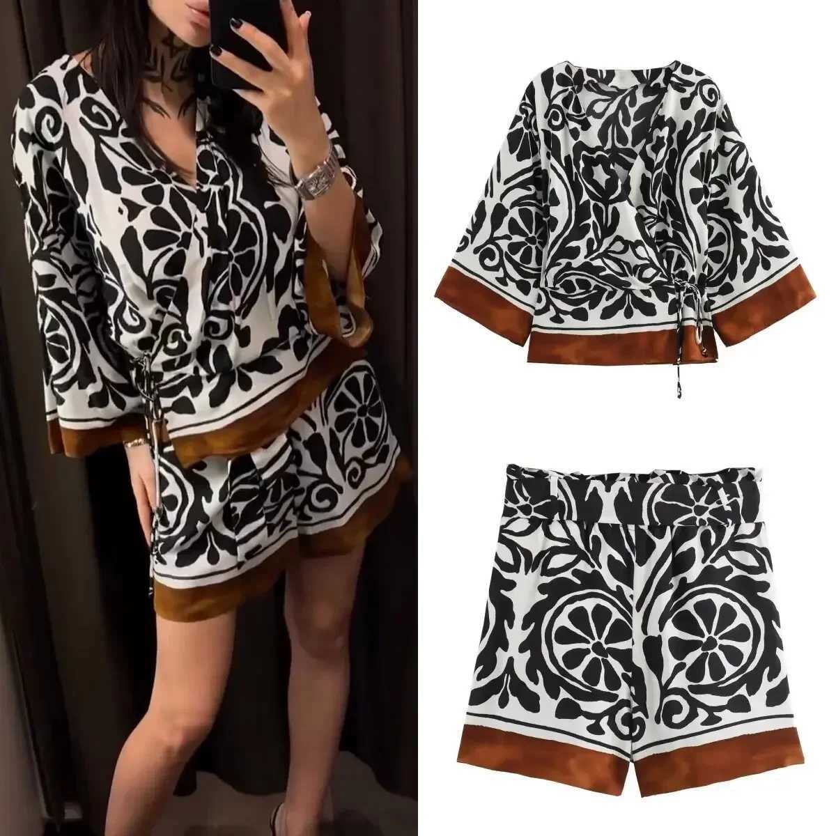 Women's Two Piece Pants 2024 Summer New Womens Fashion V-neck Printed Loose Shirt High Waist Paper Bag Printed Bermuda Shorts Set Y241213491K