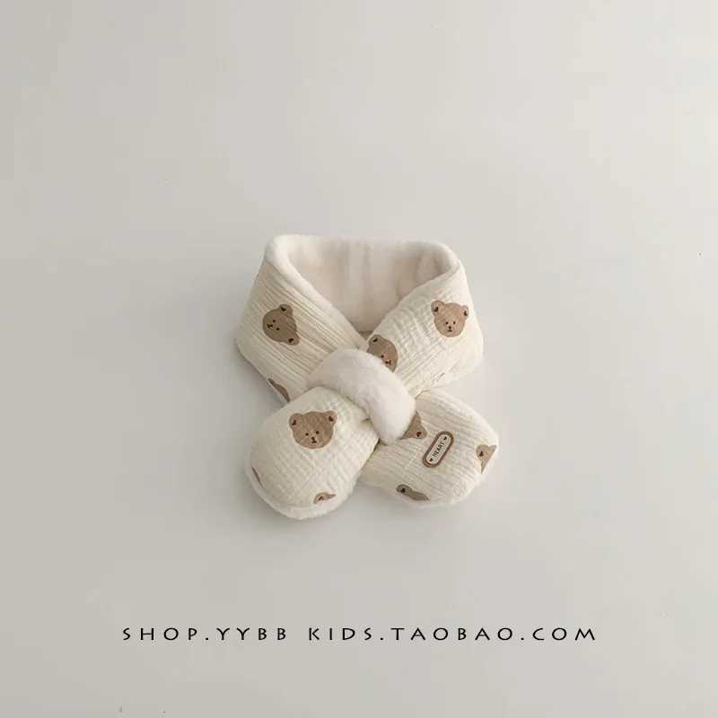 Scarves Wraps Winter Soft Plush Baby Scarf Cartoon Bear Warm Thick Faux Fur Neckerchief for Kids Cute Solid Color Cross Scarves H241213
