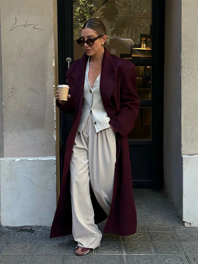 Fashion Double Breasted Long Coat Women Burgundy Red Loose Lapel Pocket Sleeve Coats Autumn Winter High Street Outwear 241213