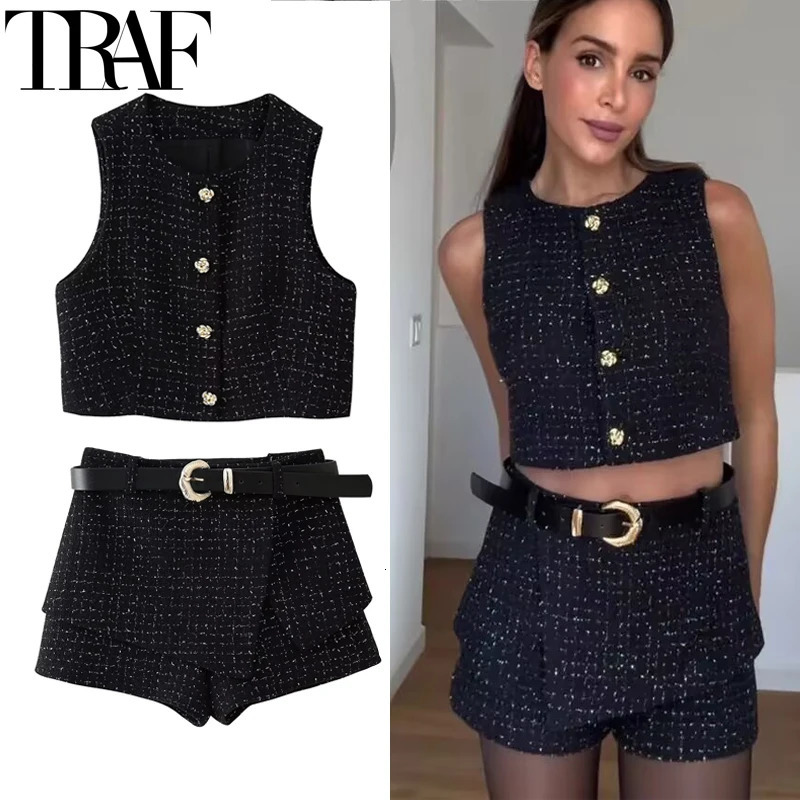 TRAF Plaid Womens twopiece sleeveless vest jacket with coarse tweed 2piece black mini leather pants autumn casual set 241211