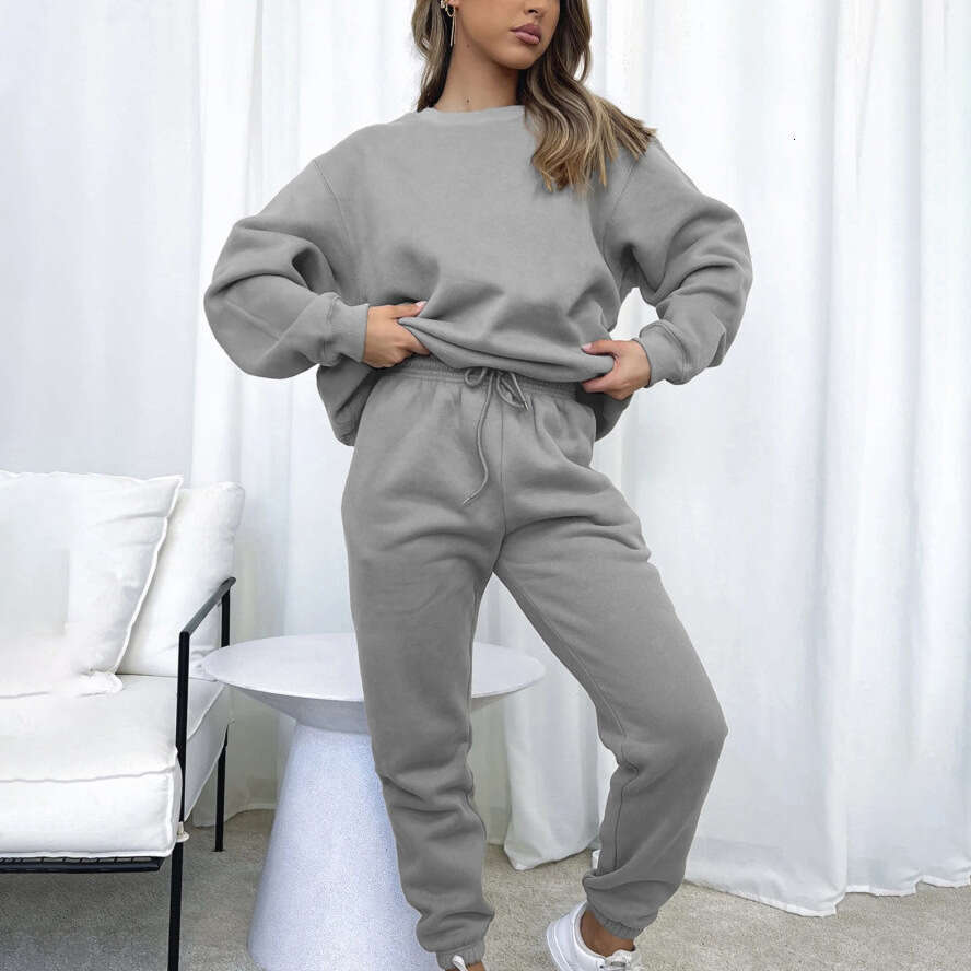 European American Spring And Autumn Pure Color Round Neck Pullover Pants Women's Long Sleeved Hoodie Set Trendy Clothing Fashion Casual Temperame