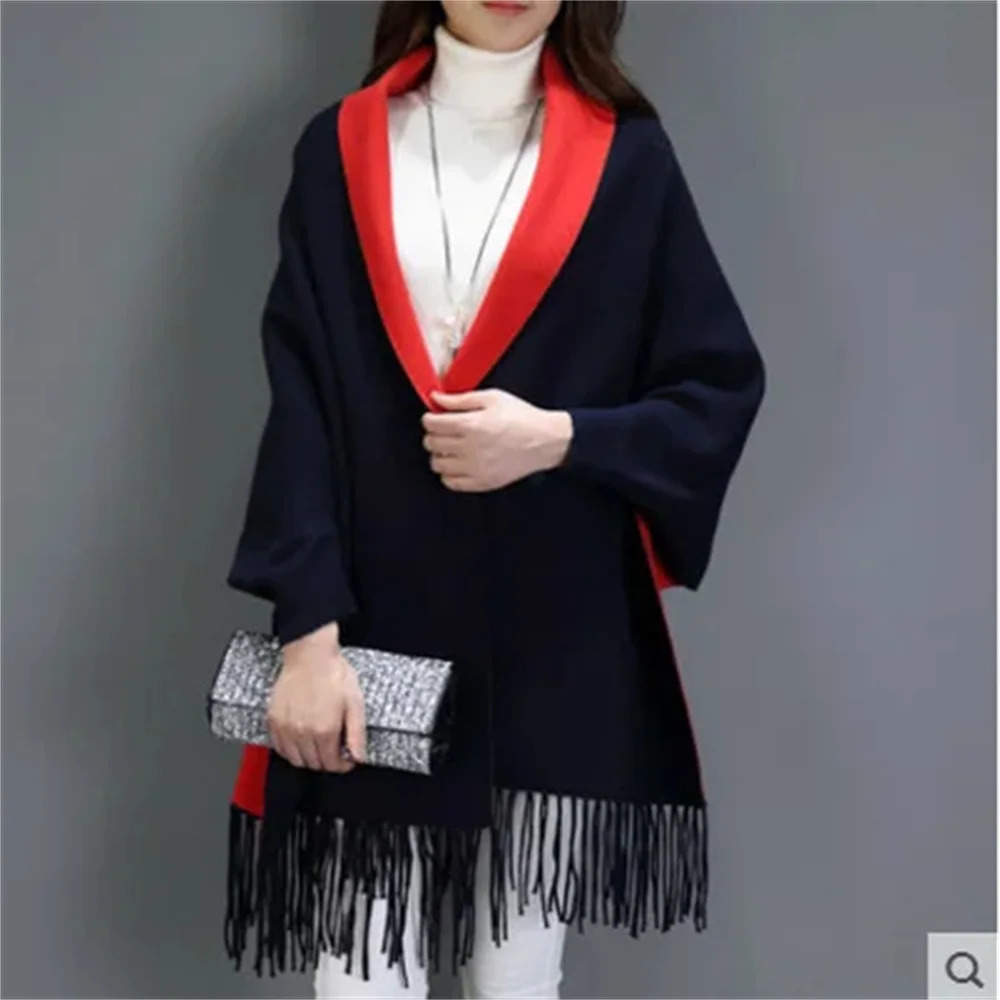 Women Cape Solid Black Long Batwing Sleeves Outside Winter Plus Size Knitted Poncho Outside Streetwear Warm Tassel Coat 241212