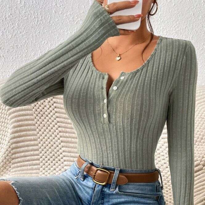 European and American 2023 autumn new women's clothing round neck pit stripe fleece solid color button short patchwork long sleeved t