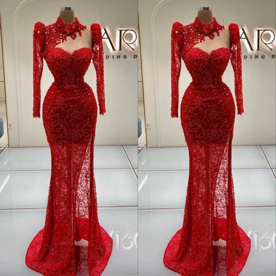Vintage Evening Dresses For Women High Collar Long Sleeves Gown Sequins Split Side Sweep Train Customized Dress