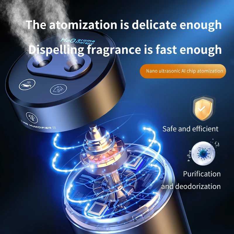 380ML Double Spray Vehicle Air Humidifier USB Charging Mini Essential Oil Diffuser with Mood Light Wireless Car Aroma HumidifierXJ241213