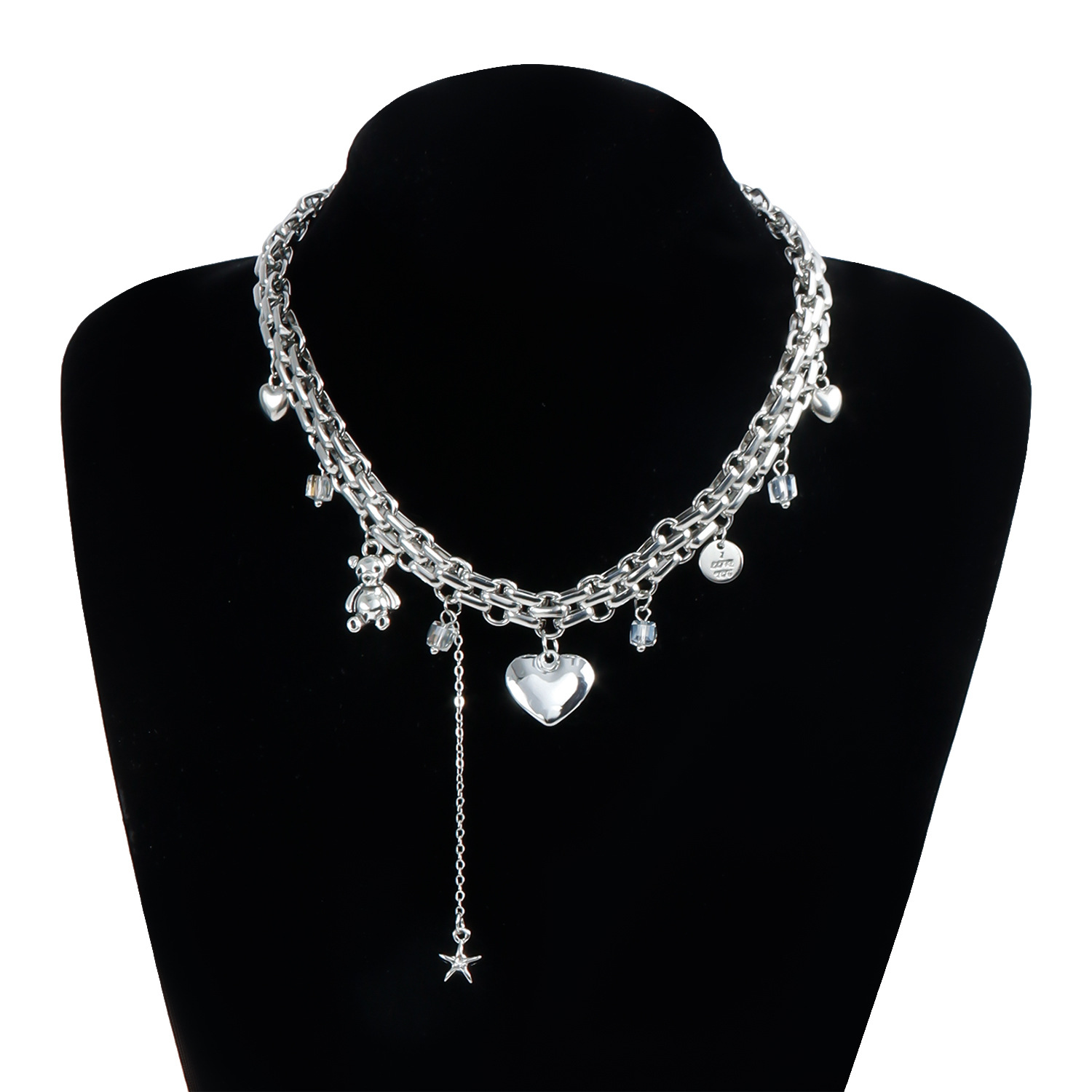 Chic Metallic Feel Love Bear Element Collar Necklace Minimalist Jewelry Set Stainless Steel Silver Plated Pendant Choker Necklace And Bracelet Gifts