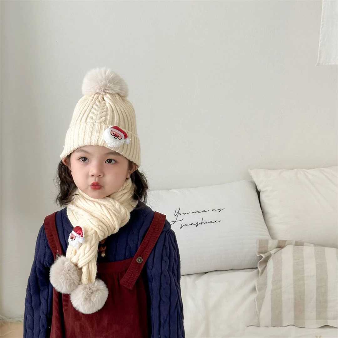 Scarves Wraps 2-piece Sets Christmas Childrens Hat and Scarf Sets Thicken Winter Baby Boys Girls Scarf Knitted Warm Windproof Baby Caps H241213