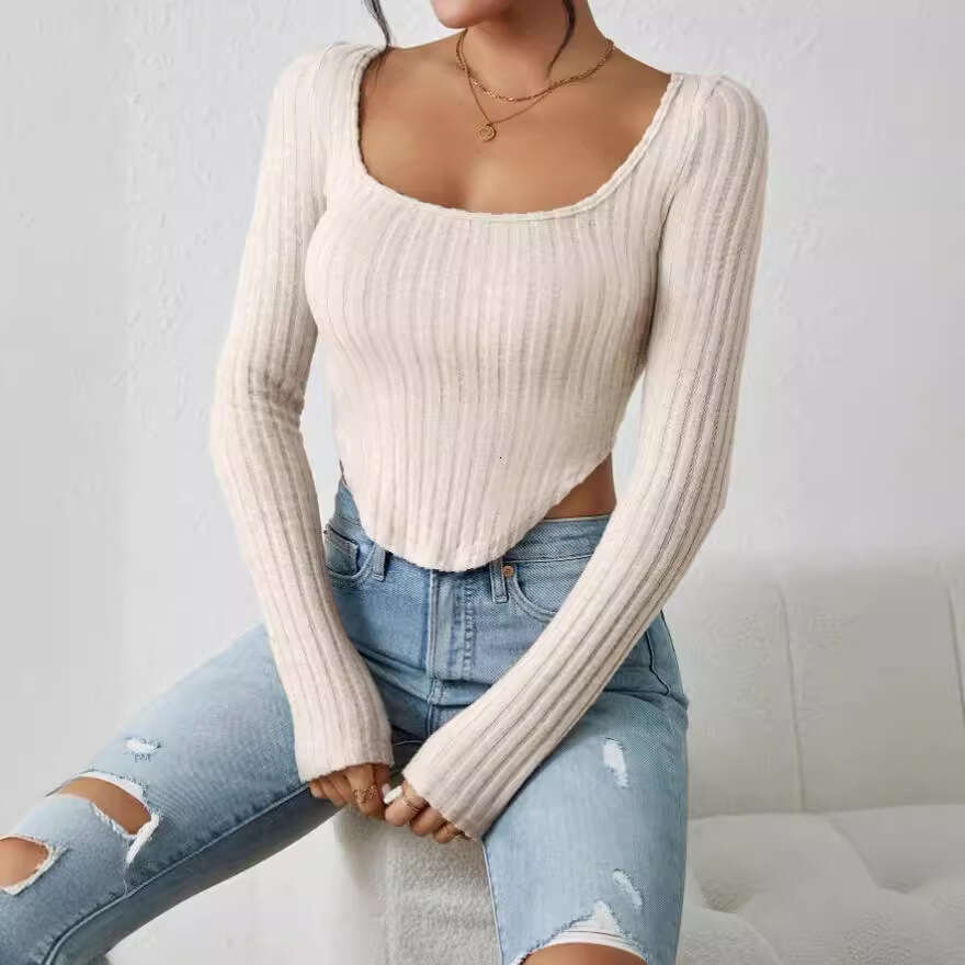 European and American hot selg 2024 summer new square neck long sleeved irregular pit stripe T-shirt for women
