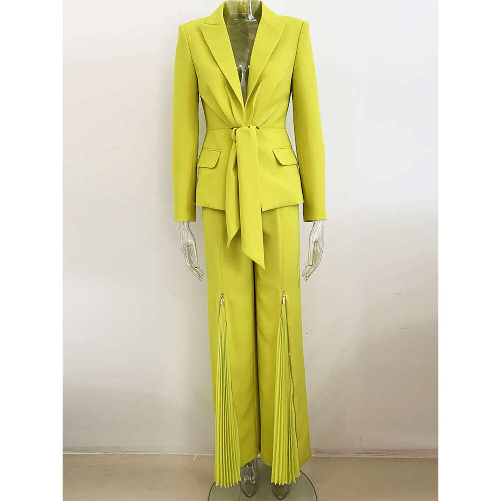 Ladies' Suit HIGH QUALITY Newest Fashion Designer Runway Suit Women's Belted Blazer Jacket Wide Leg Pleated Pants Set Two Pieces