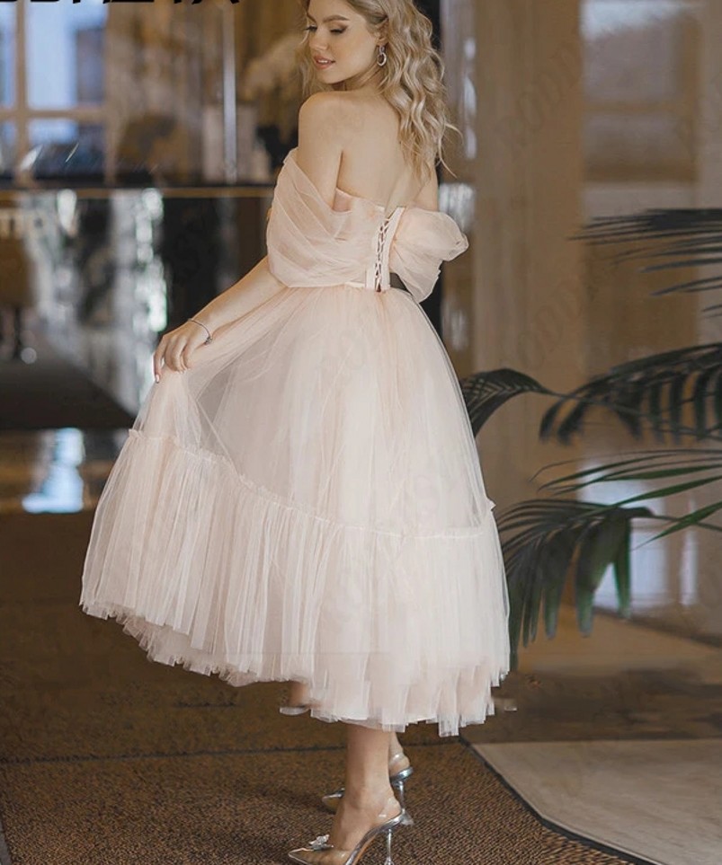 New Sweetheart Off Shoulder Wedding Dresses Beach Lace Up Backless Illusion Tulle Short Bridal Gowns Vestido De Novias Robe De Mariage