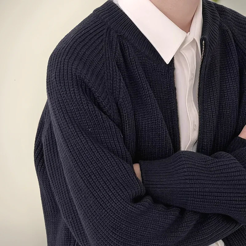 Y2K Knitted Sweater Men Spring Autumn Casual Ins Fashion Cardigan Zipper Sweaters Coats Solid Color Zip Up Jacket 241213