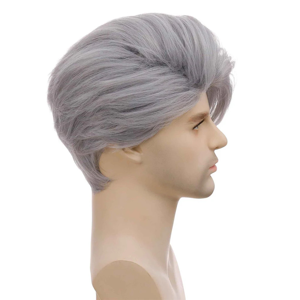 Men Short Straight Grey Synthetic Wig Heat Resistant Fiber Wig With Long Bang For Male Party Cosplay Use 241213