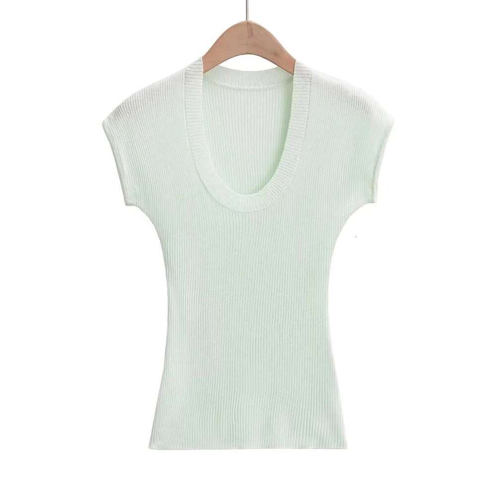 American INS summer U-neck solid color thin short sleeved top, women's stretch slim fit and slimming knit T-shirt, 2024 new casual fashion trend 