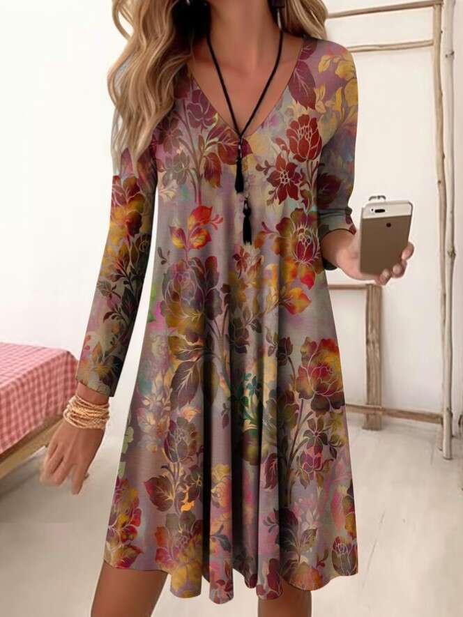 European American autumn and winter V-neck high waisted retro gradient color printed nine quarter sleeve loose dress 2024 temperament versatile new tr