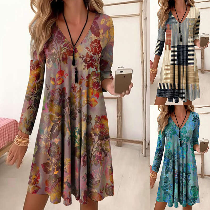 European American autumn and winter V-neck high waisted retro gradient color printed nine quarter sleeve loose dress 2024 temperament versatile new tr