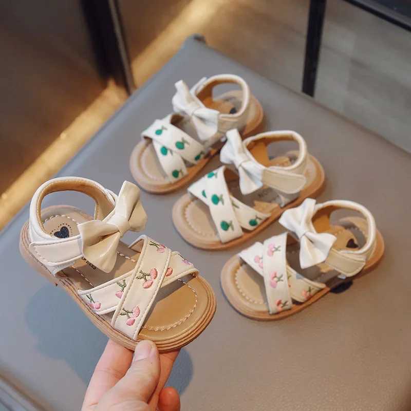 Sandals Summer Sandals for Girls Bow-knot Embroid Flower Children Sliders Green Pink 22-31 Classic All-match Soft Kids Flat Shoes H07051 H241213