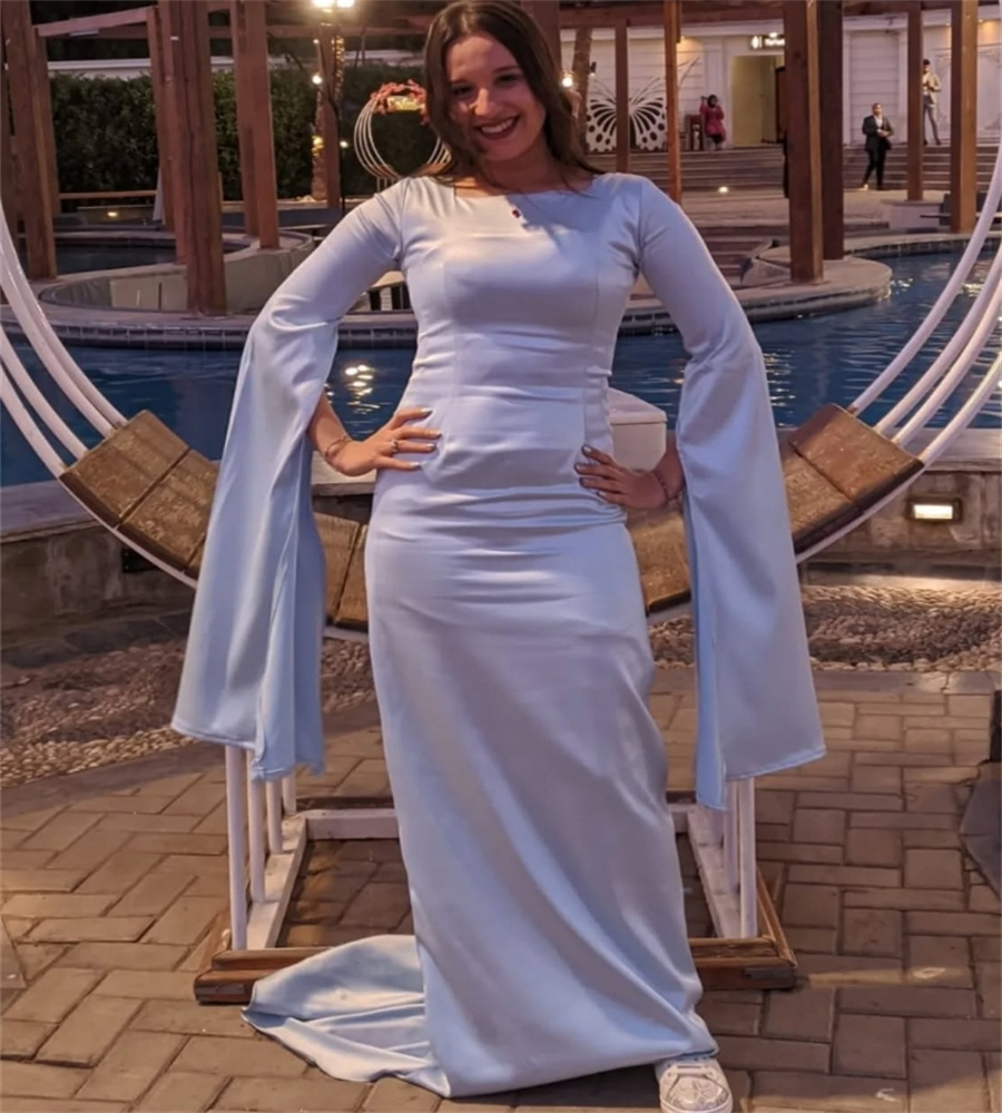 Glam Light Blue Evening Dress Arabic Dubai Mermaid Prom Dresses Elegant Long Sleeve Formal Occasion Birthday Party Wear Vestio De Noche Modern Women C