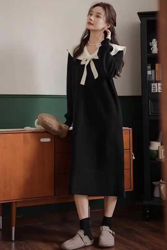 2024 Korean Sle Pregnant Women Black Dress Autumn Winter Long Sleeve Bowknot Collar Materni Knitting Dress Pregnancy SweaterXJ241213