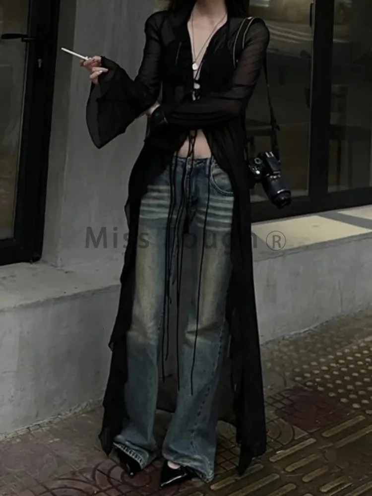Vintage Y2k Black See Through Long Cardigan Women Sexy Grunge Vneck Streetwear Tops Summer Chic Aesthetic Bandage Slim Blouse 241214