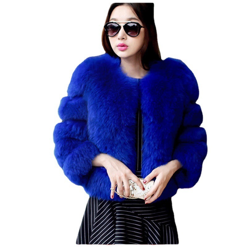 Imitation fox fur coat womens plus size long plush thick long sleeved top purple round neck short womens clothing 241015