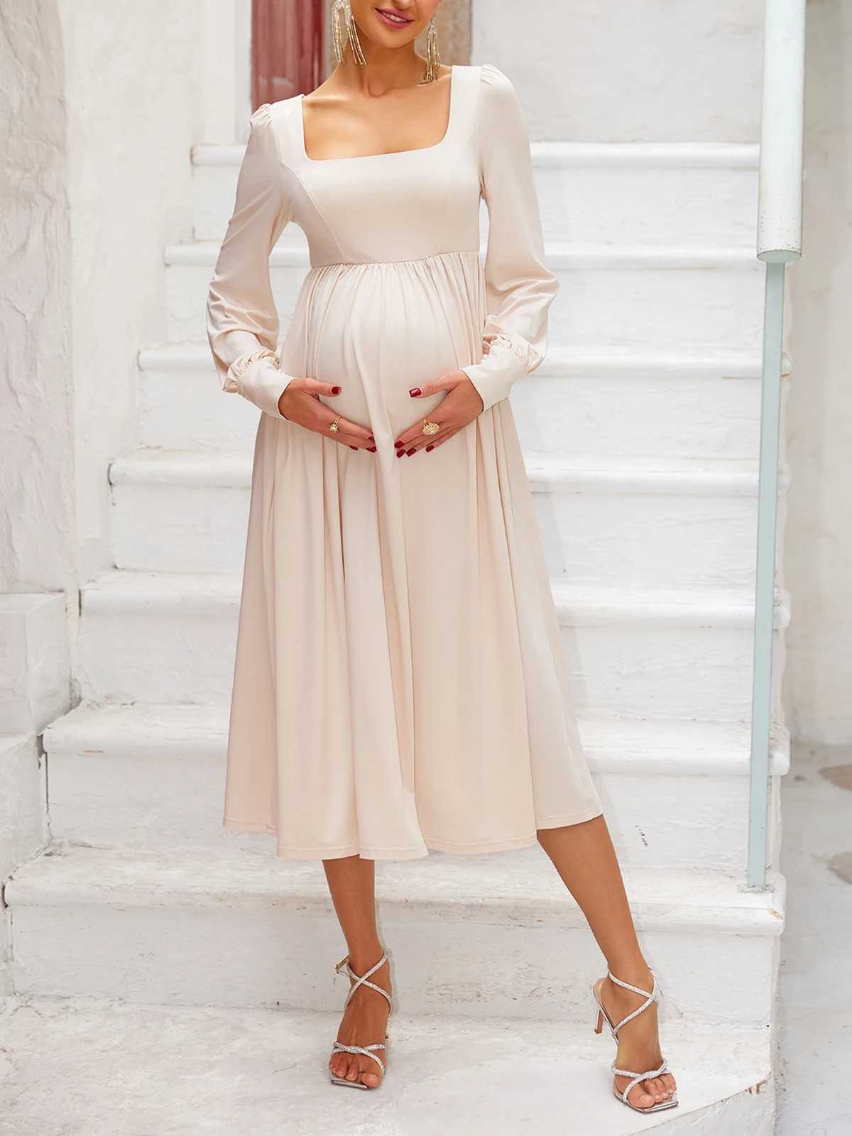 ItsRoya Solid Square Neck Pearl Long Sleeves Materni Dress Ruched Women Photography Props Dresses Casual Pregnant DressesXJ241213