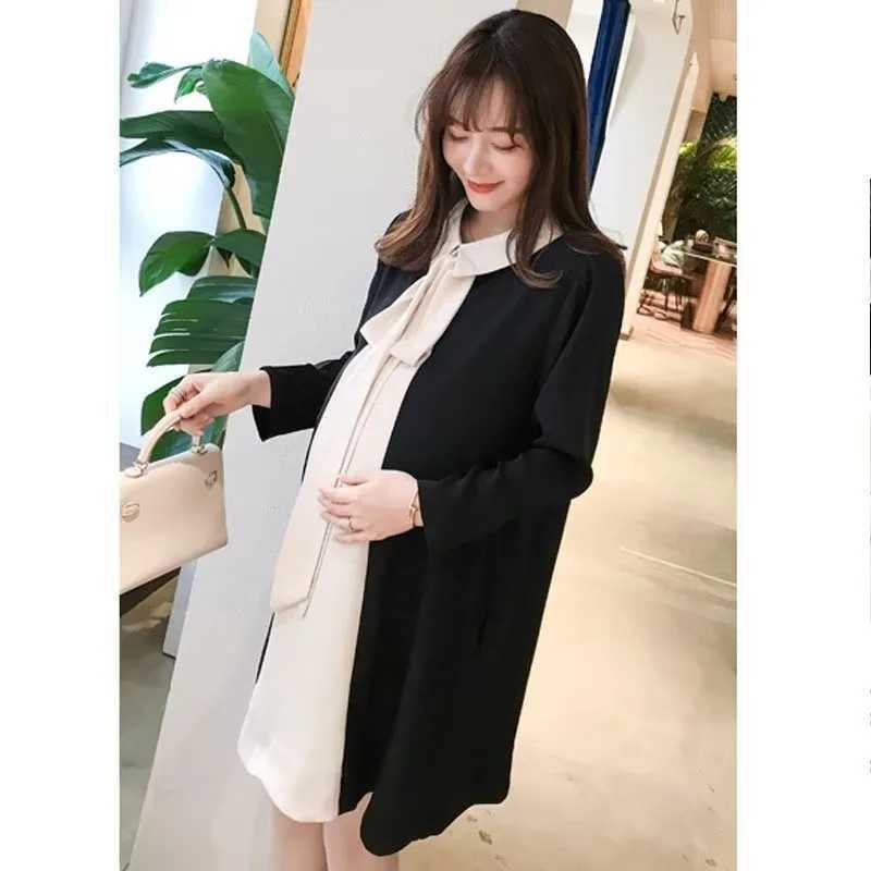 2024 spring pregnant women dress long sleeve turn-down collar patchwork materni a-line dresses loose woman clothes pregnancyXJ241213